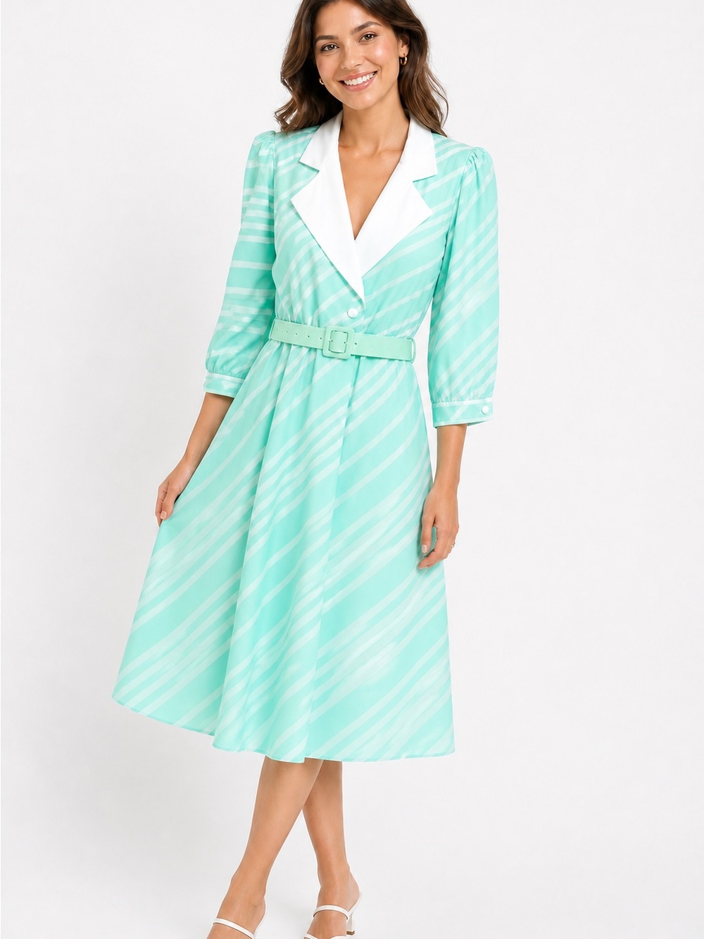 Mint Stripe Belted Midi Dress with White Lapel